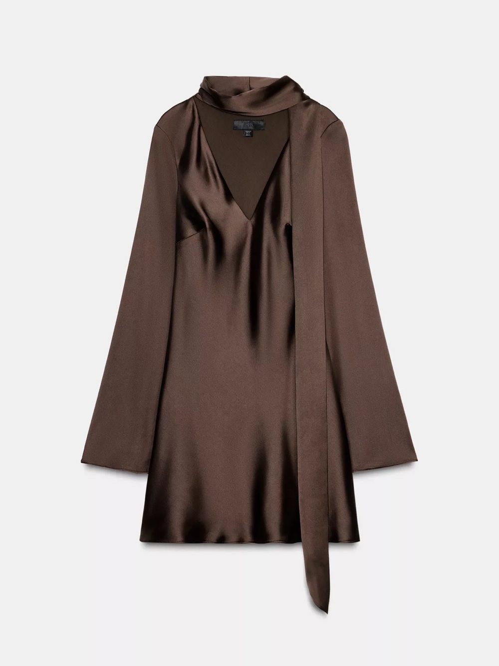 Zara Brown Satin Mini Dress with Neck Tie